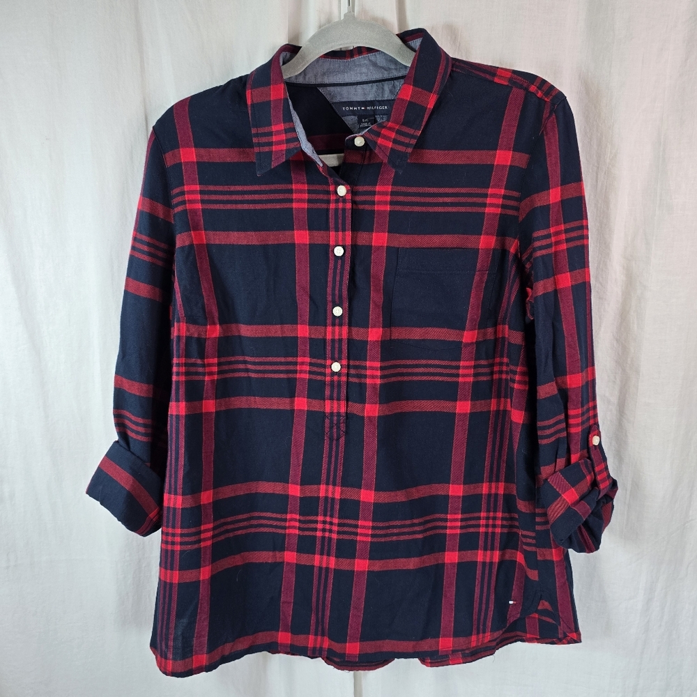 Tommy Hilfiger womens pullover shirt  long roll tab sleeves size large r…